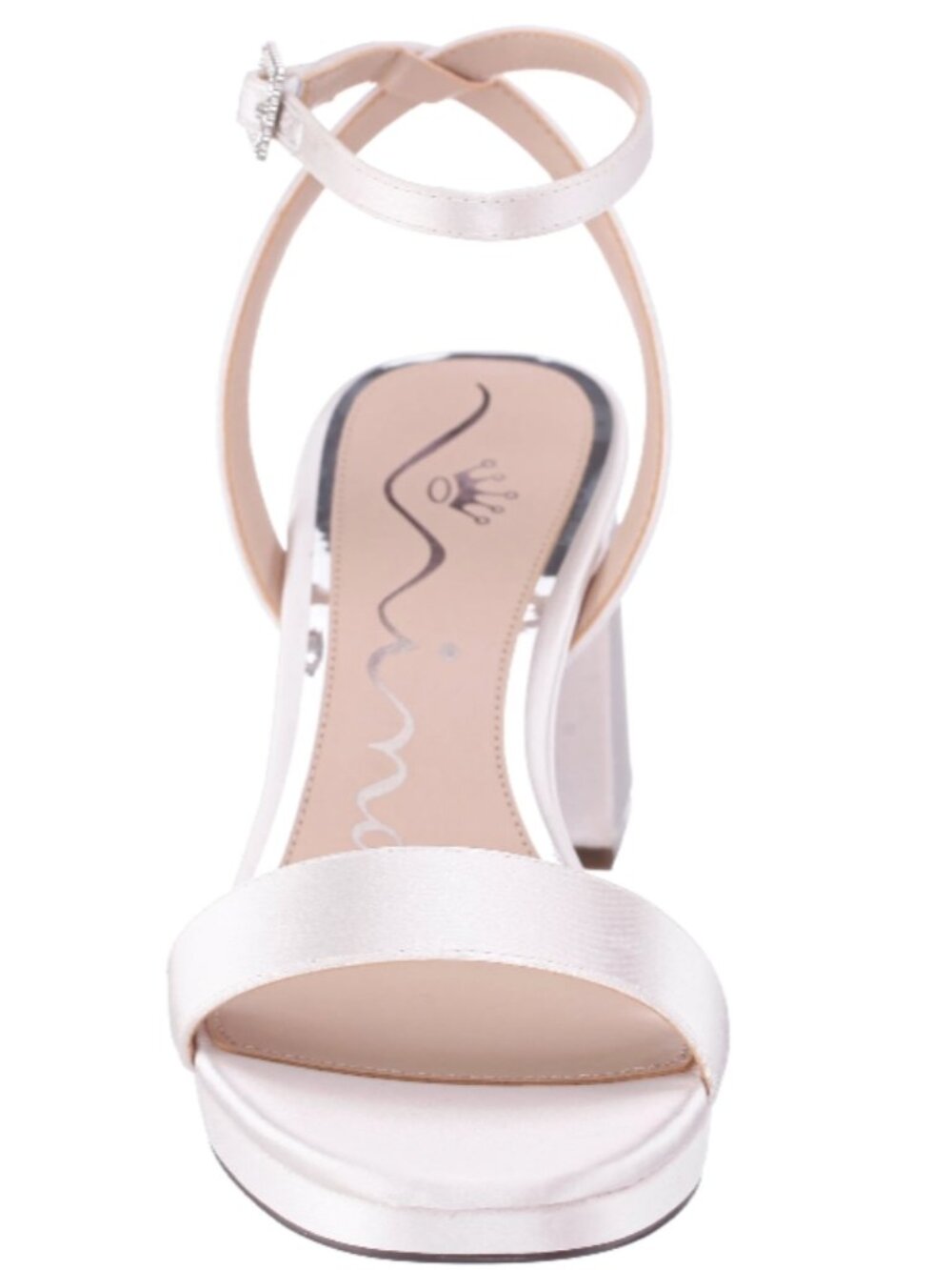 Nina Bergen Block Heel Sandals – White Satin – Size 8.5 (Floor Model)
